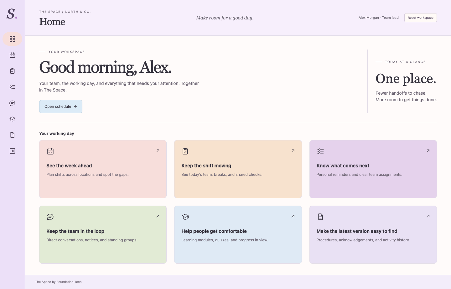 The Space product preview: a team workspace with scheduling, tasks, messages, training and documents