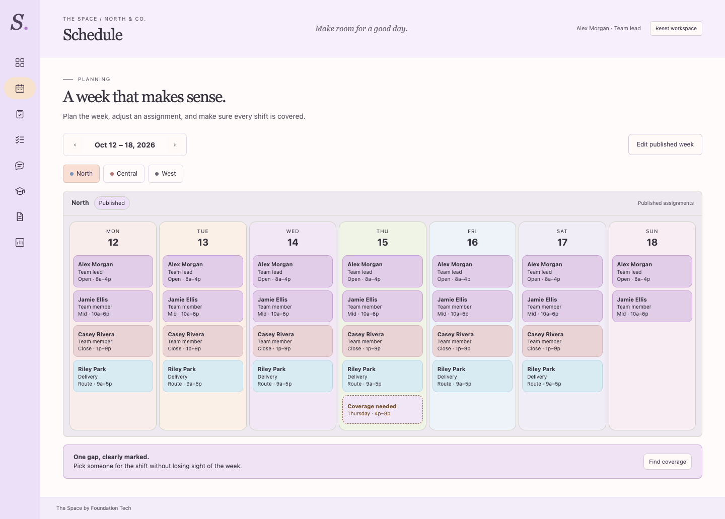 The Space sample weekly scheduling interface