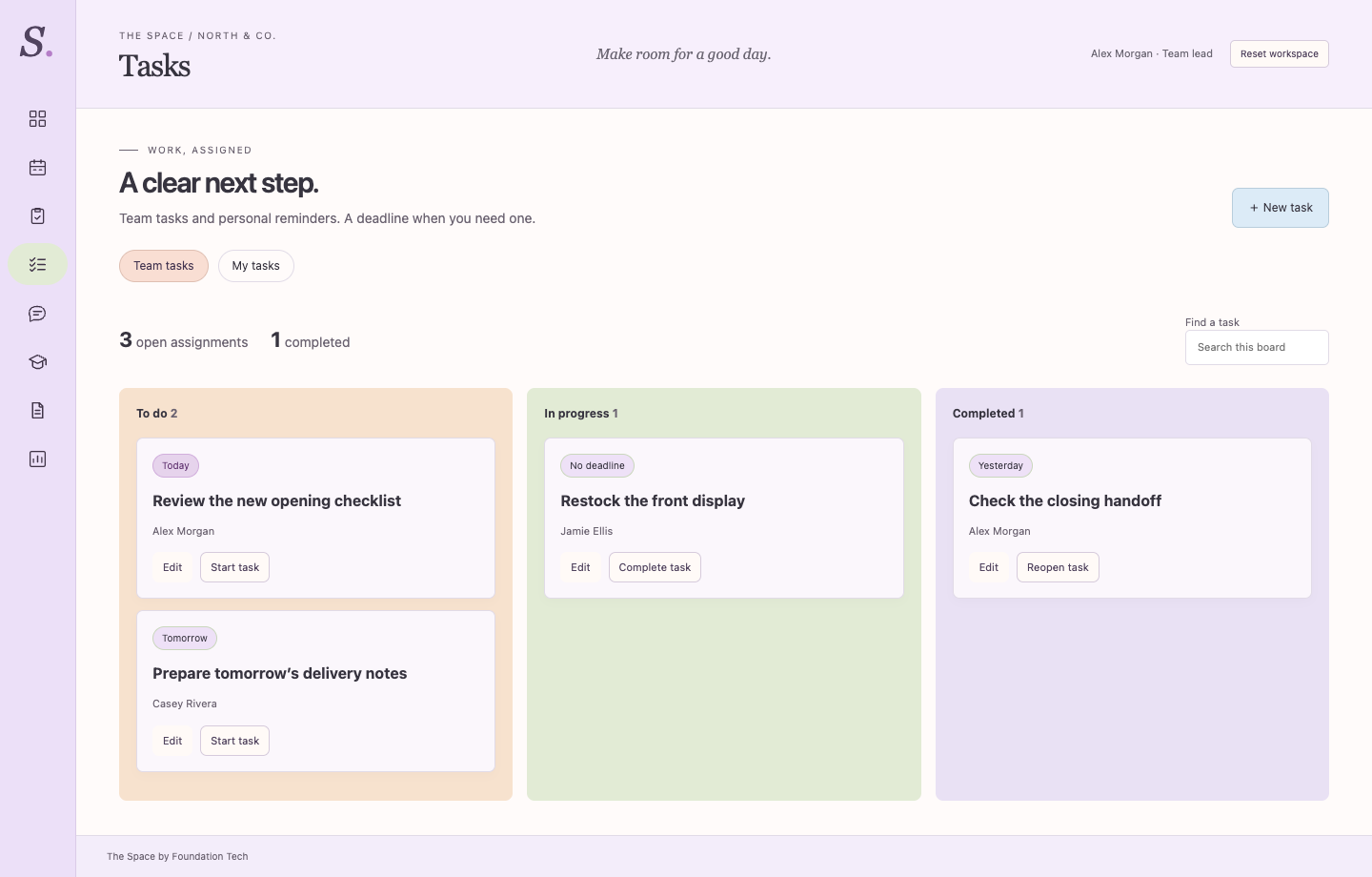 The Space tasks interface preview with fictional records